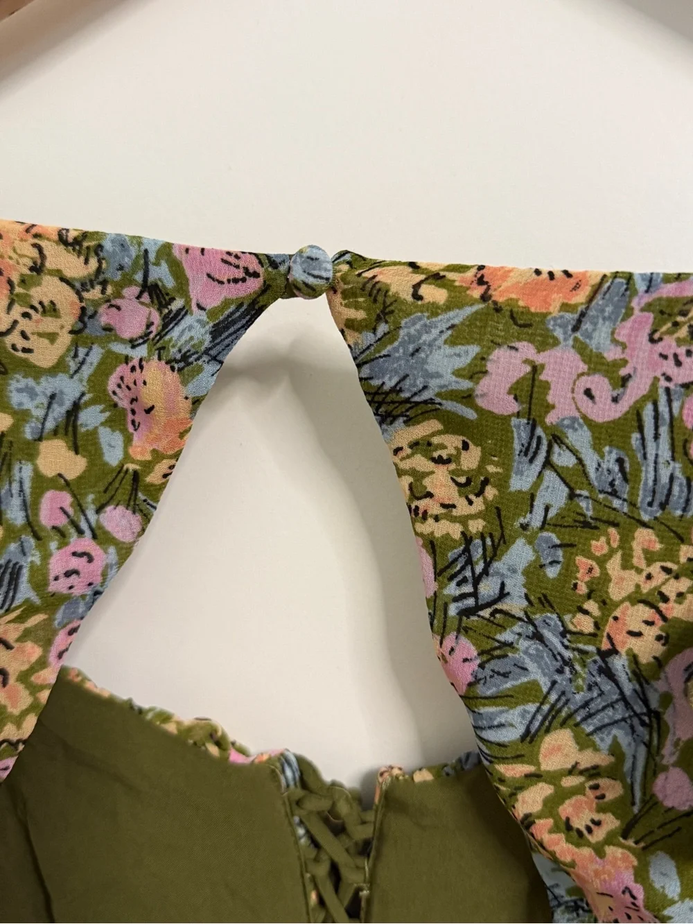 Free People Olive Multi Floral Ruffled Ruched Blouse